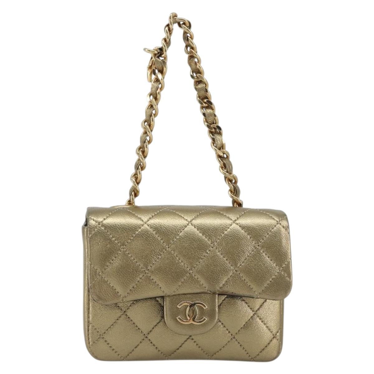 CHANEL Mini Mini Matelasse 10 Chain Hand Pouch Lamb Skin Gold CC Auth 193763A