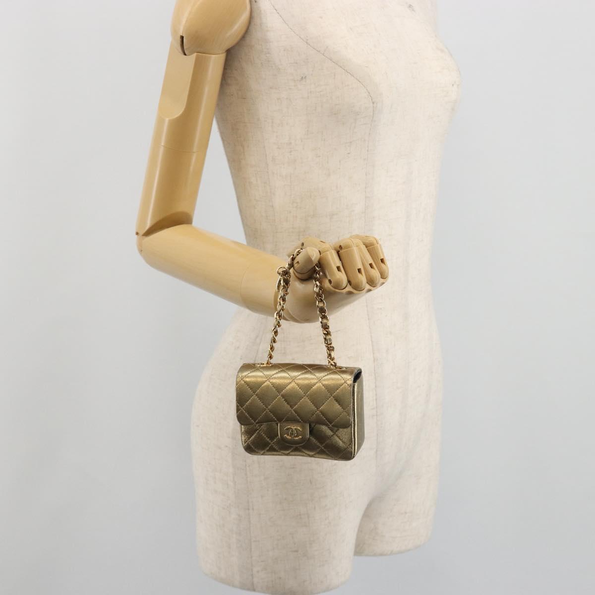 CHANEL Mini Mini Matelasse 10 Chain Hand Pouch Lamb Skin Gold CC Auth 193763A