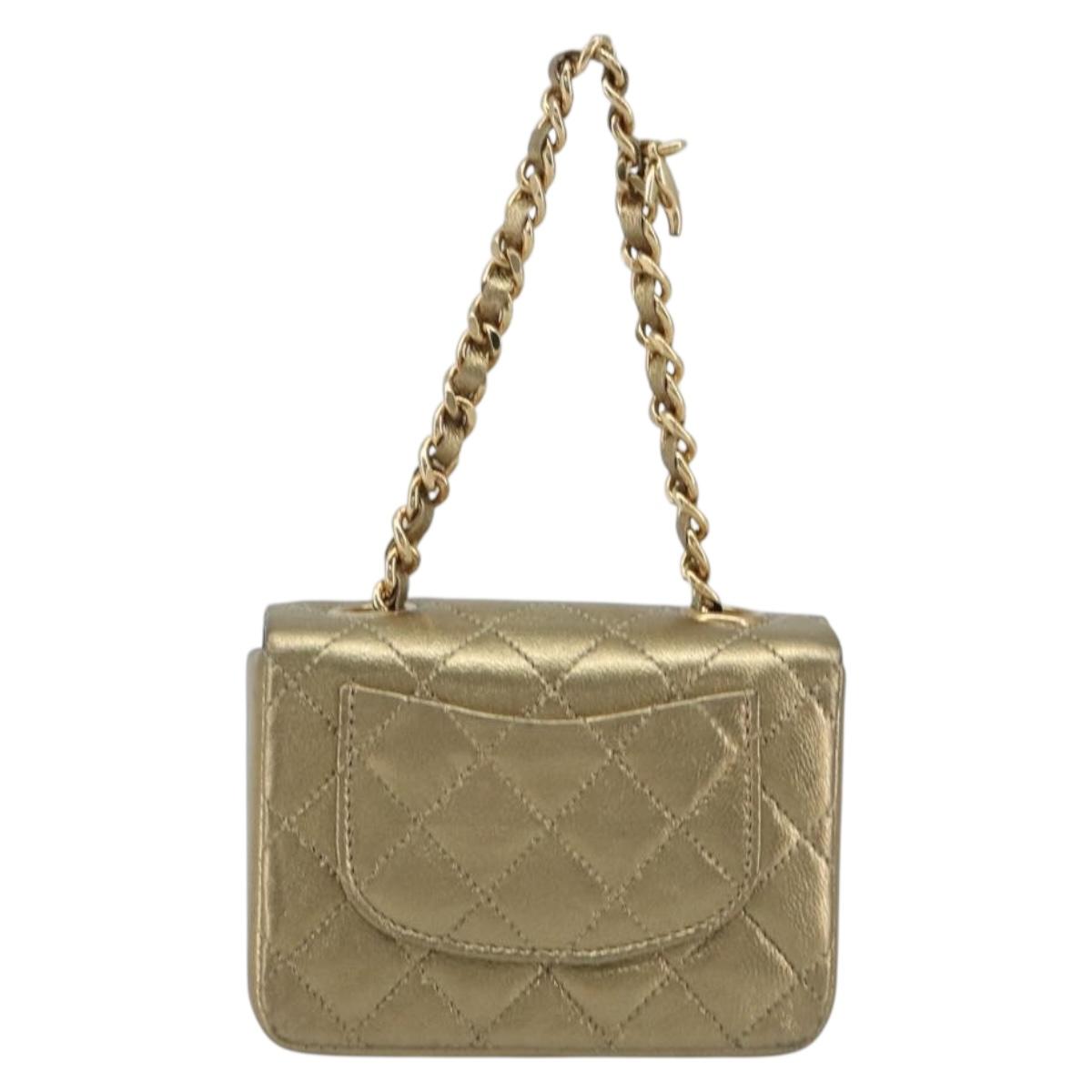 CHANEL Mini Mini Matelasse 10 Chain Hand Pouch Lamb Skin Gold CC Auth 193763A