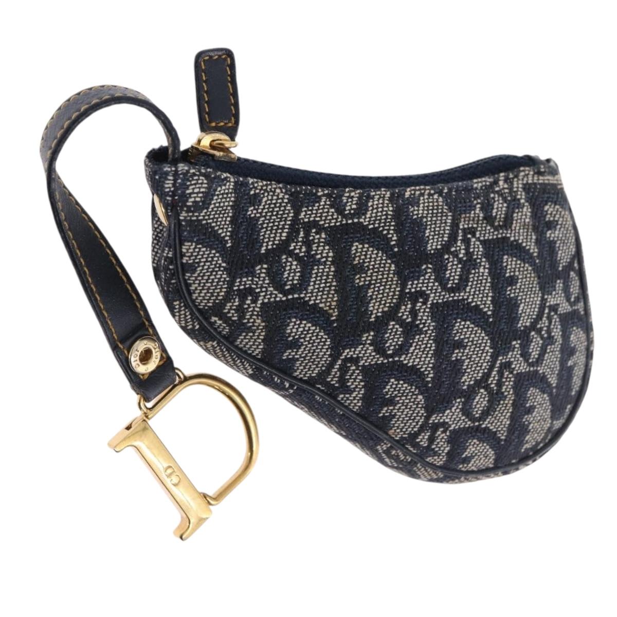 Christian Dior Trotter Canvas Saddle Coin Purse Navy Gold Auth 193769V