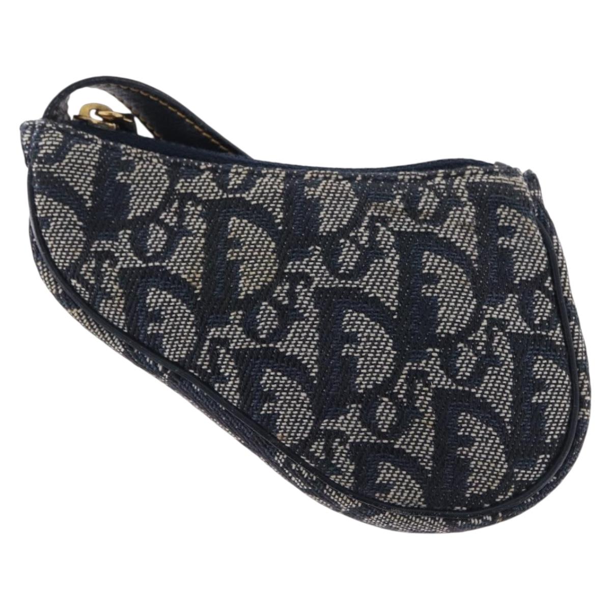 Christian Dior Trotter Canvas Saddle Coin Purse Navy Gold Auth 193769V