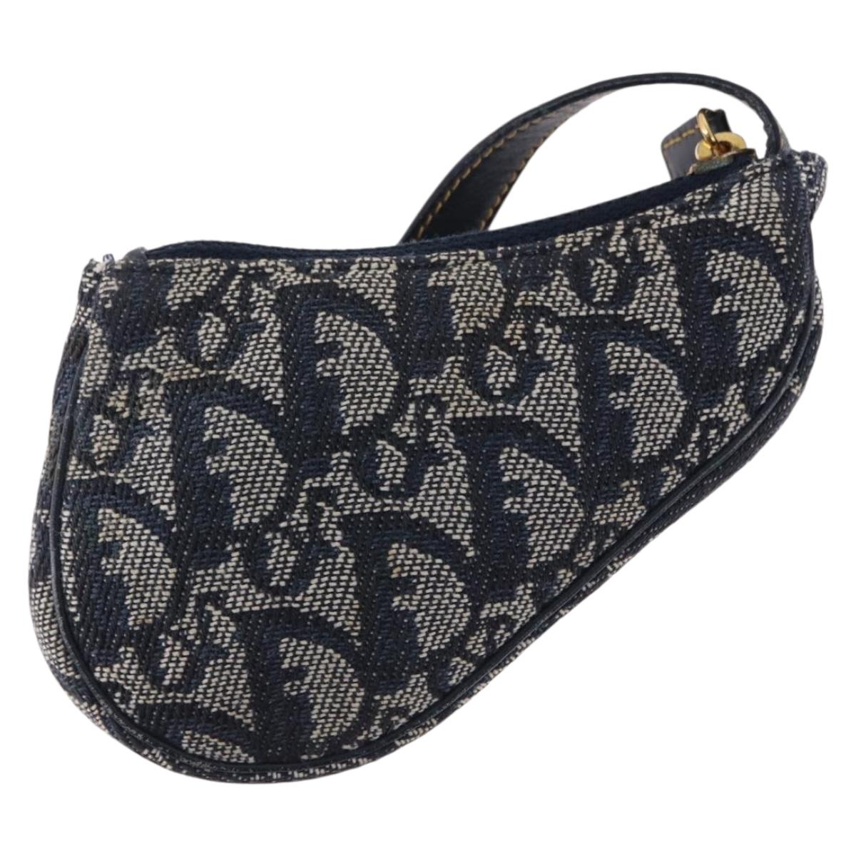 Christian Dior Trotter Canvas Saddle Coin Purse Navy Gold Auth 193769V