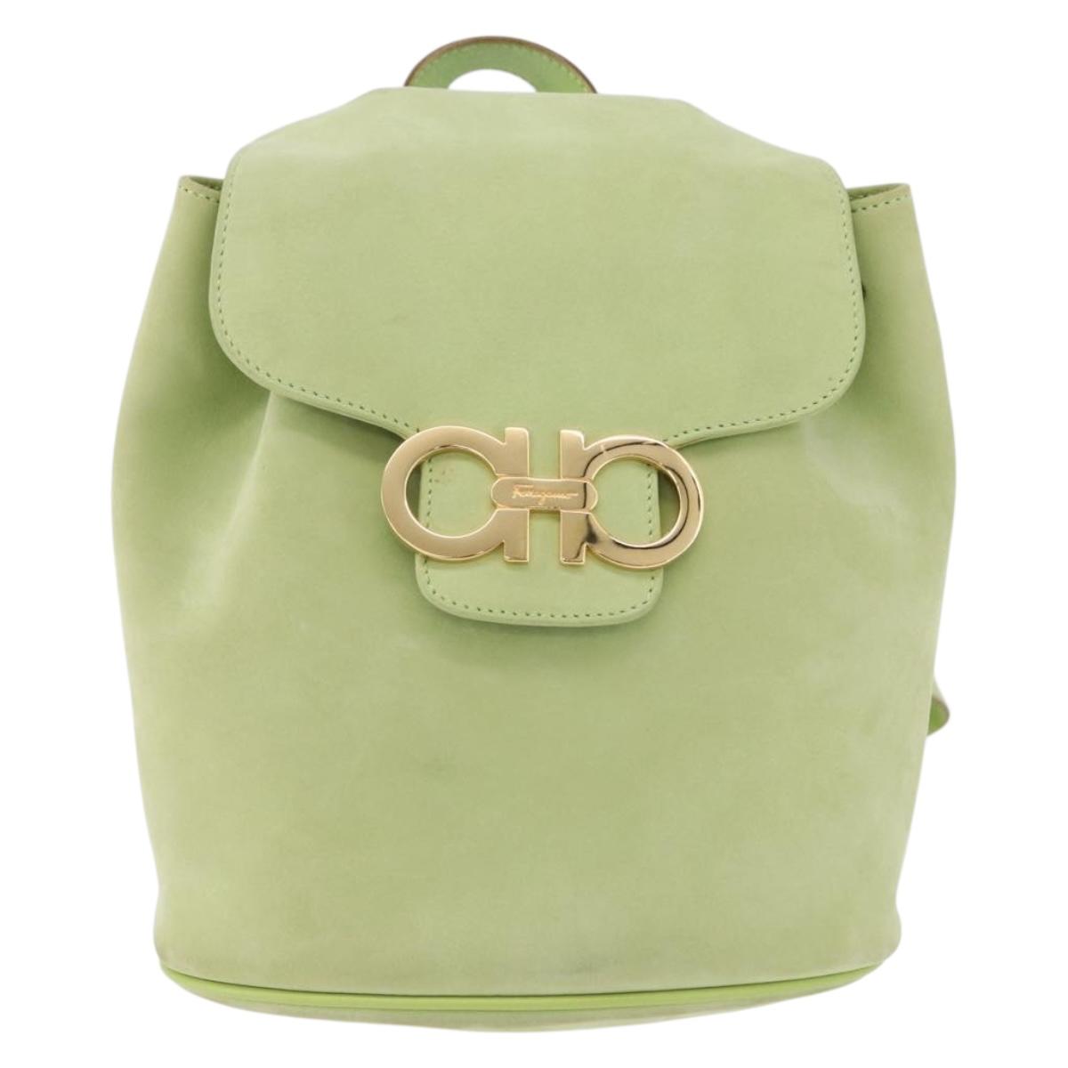 Salvatore Ferragamo Gancini Backpack Suede Green Gold Auth 193783A