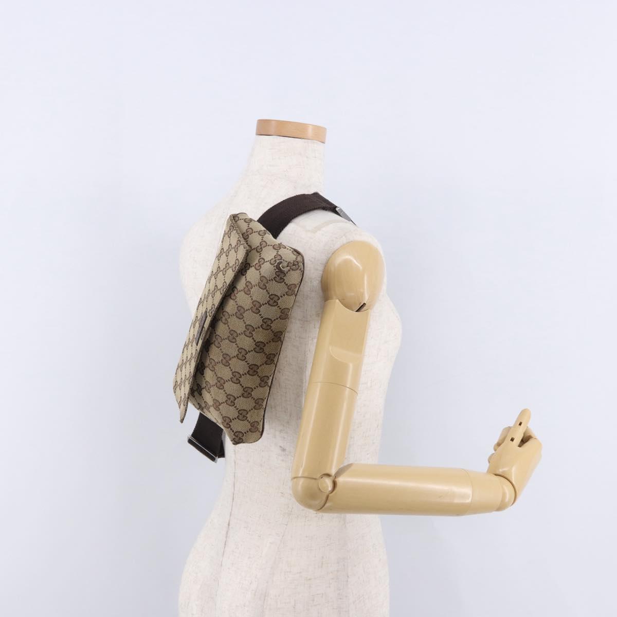 GUCCI GG Canvas Waist Pouch Beige Silver 146304 Auth 193787