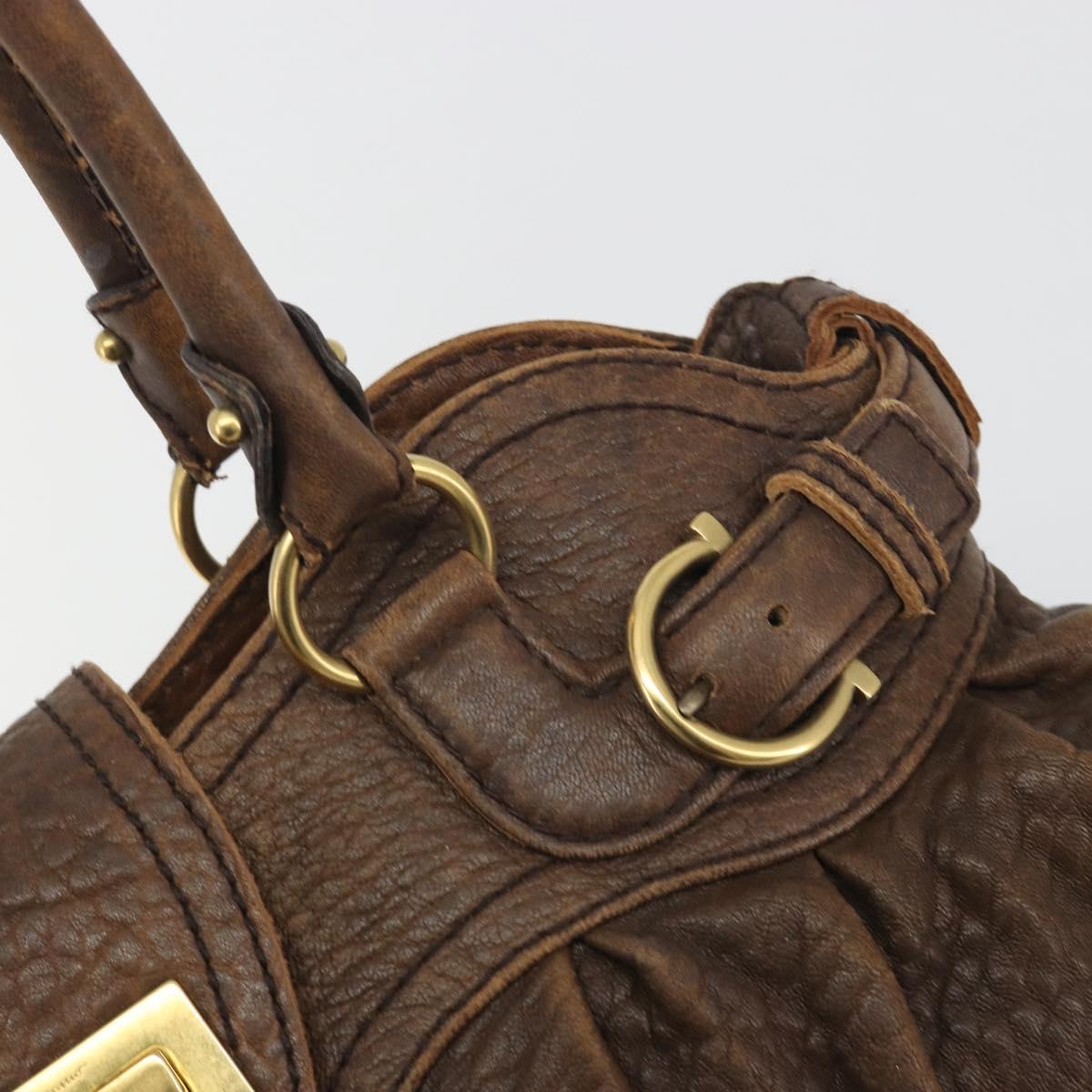 Salvatore Ferragamo Gancini Hand Bag Leather Brown Gold Auth 193788