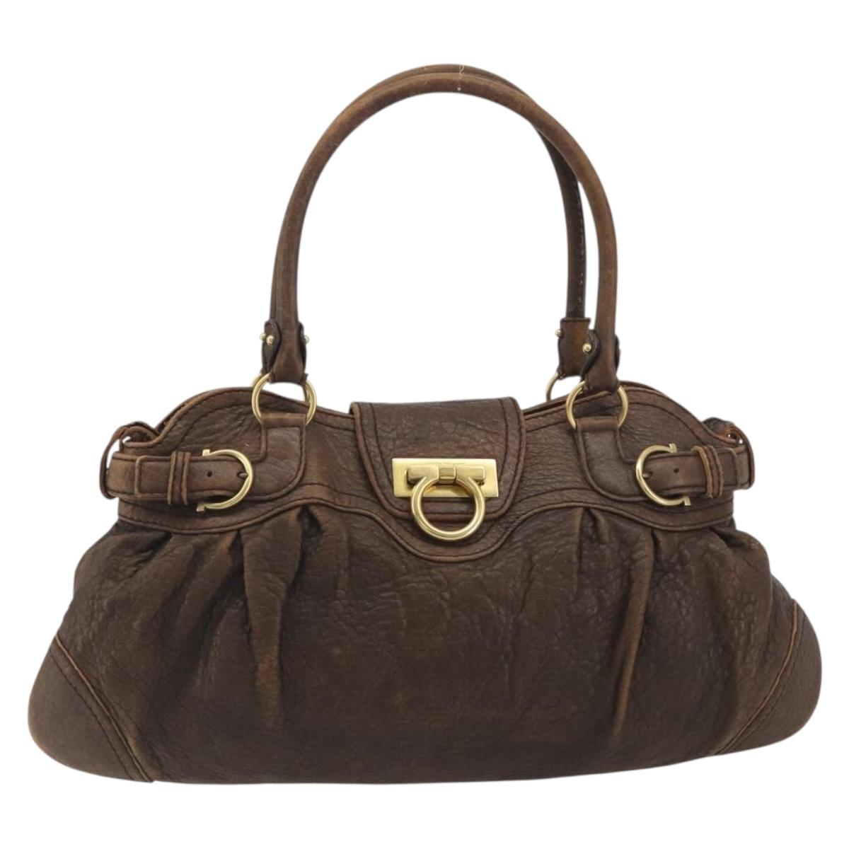 Salvatore Ferragamo Gancini Hand Bag Leather Brown Gold Auth 193788