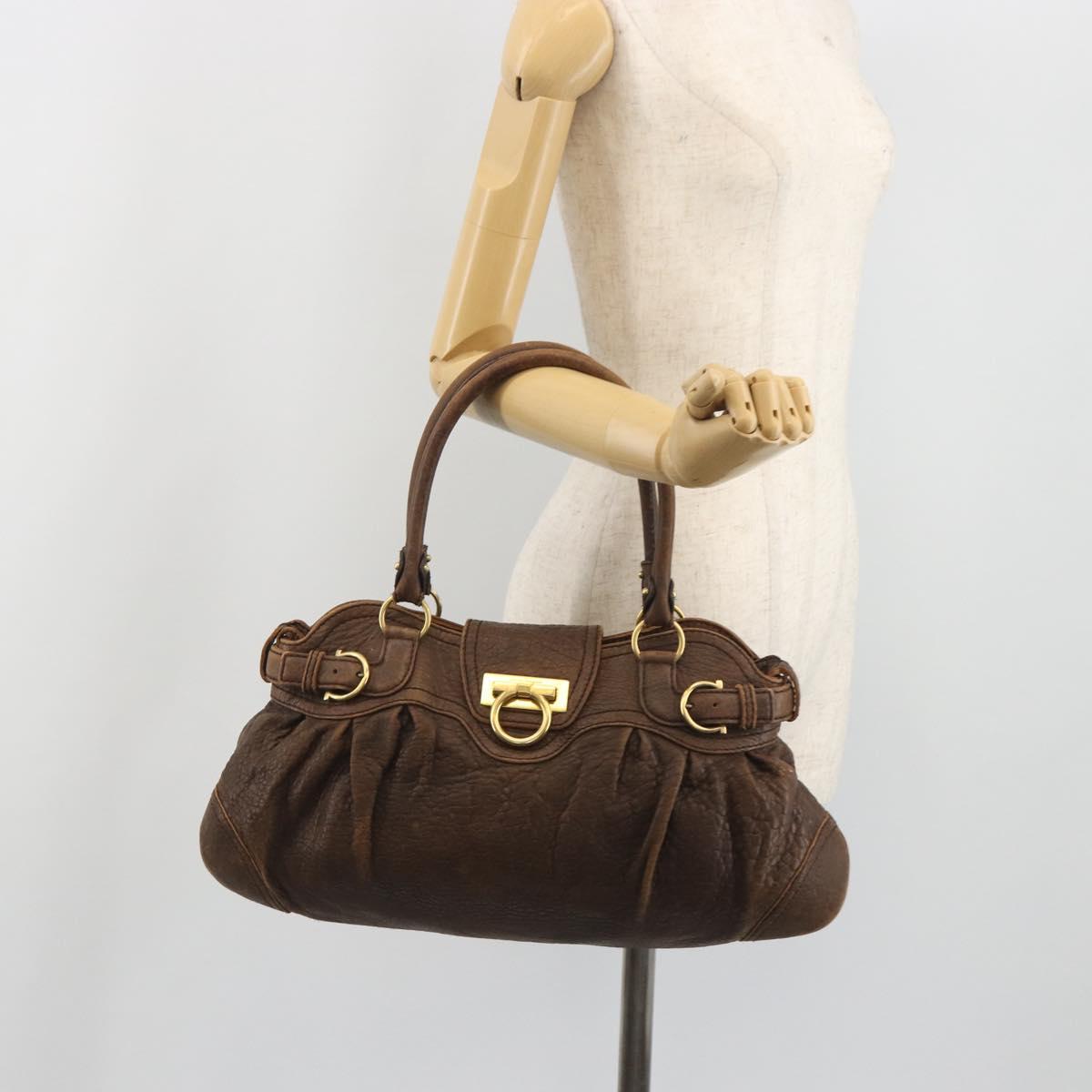 Salvatore Ferragamo Gancini Hand Bag Leather Brown Gold Auth 193788
