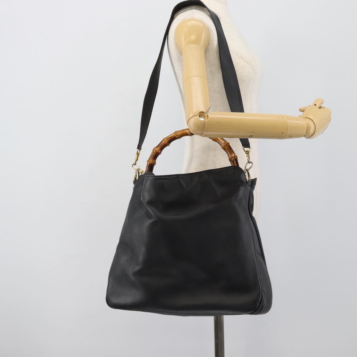 GUCCI Bamboo Hand Bag Leather 2way Black Gold 001 1638 1577 Auth 193791