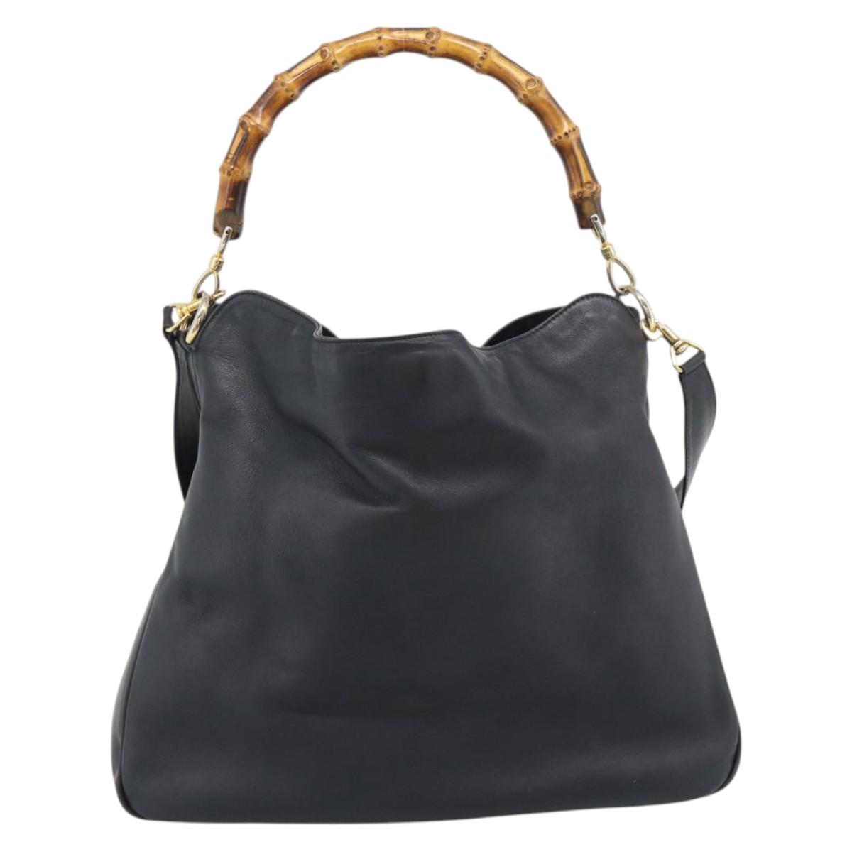 GUCCI Bamboo Hand Bag Leather 2way Black Gold 001 1638 1577 Auth 193791
