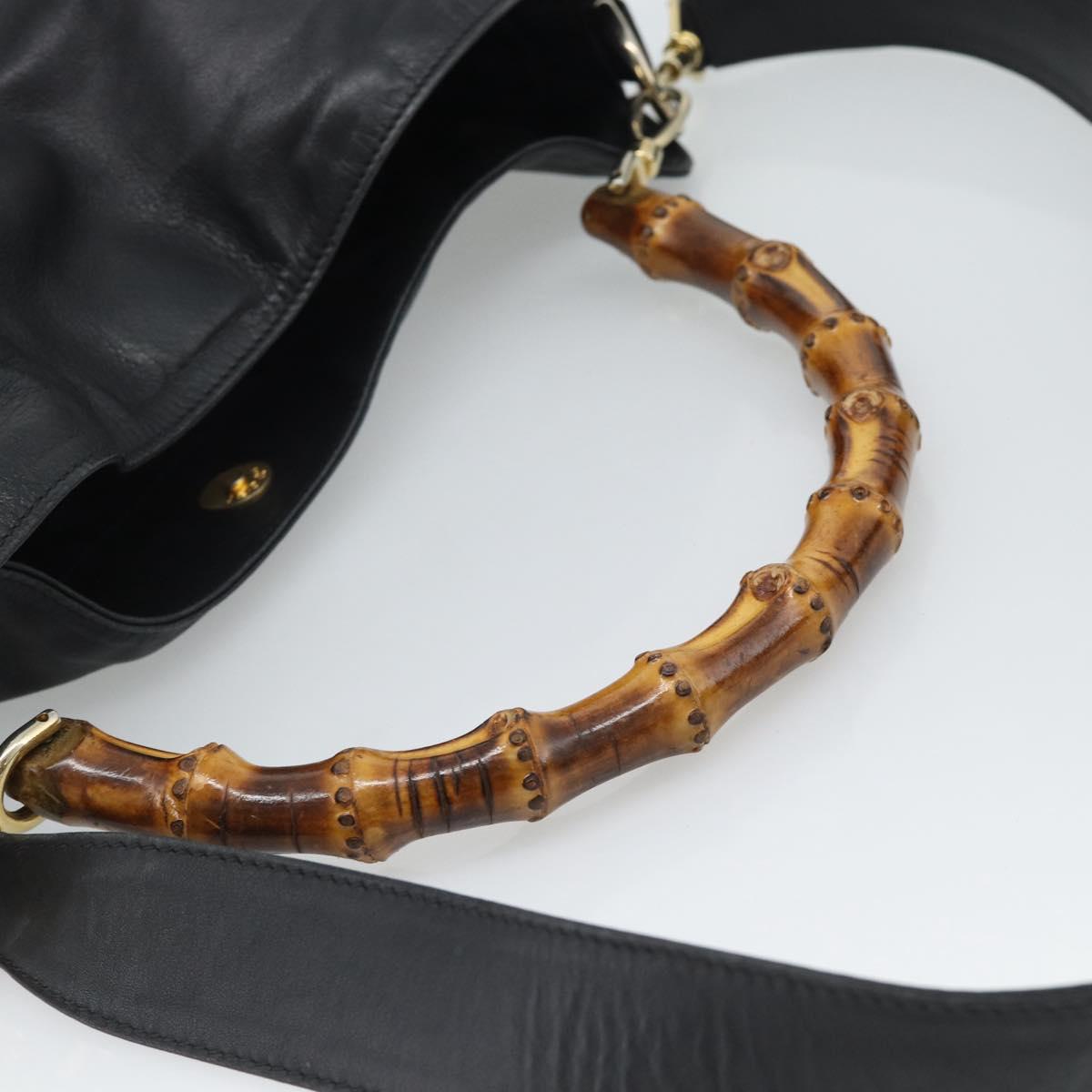 GUCCI Bamboo Hand Bag Leather 2way Black Gold 001 1638 1577 Auth 193791