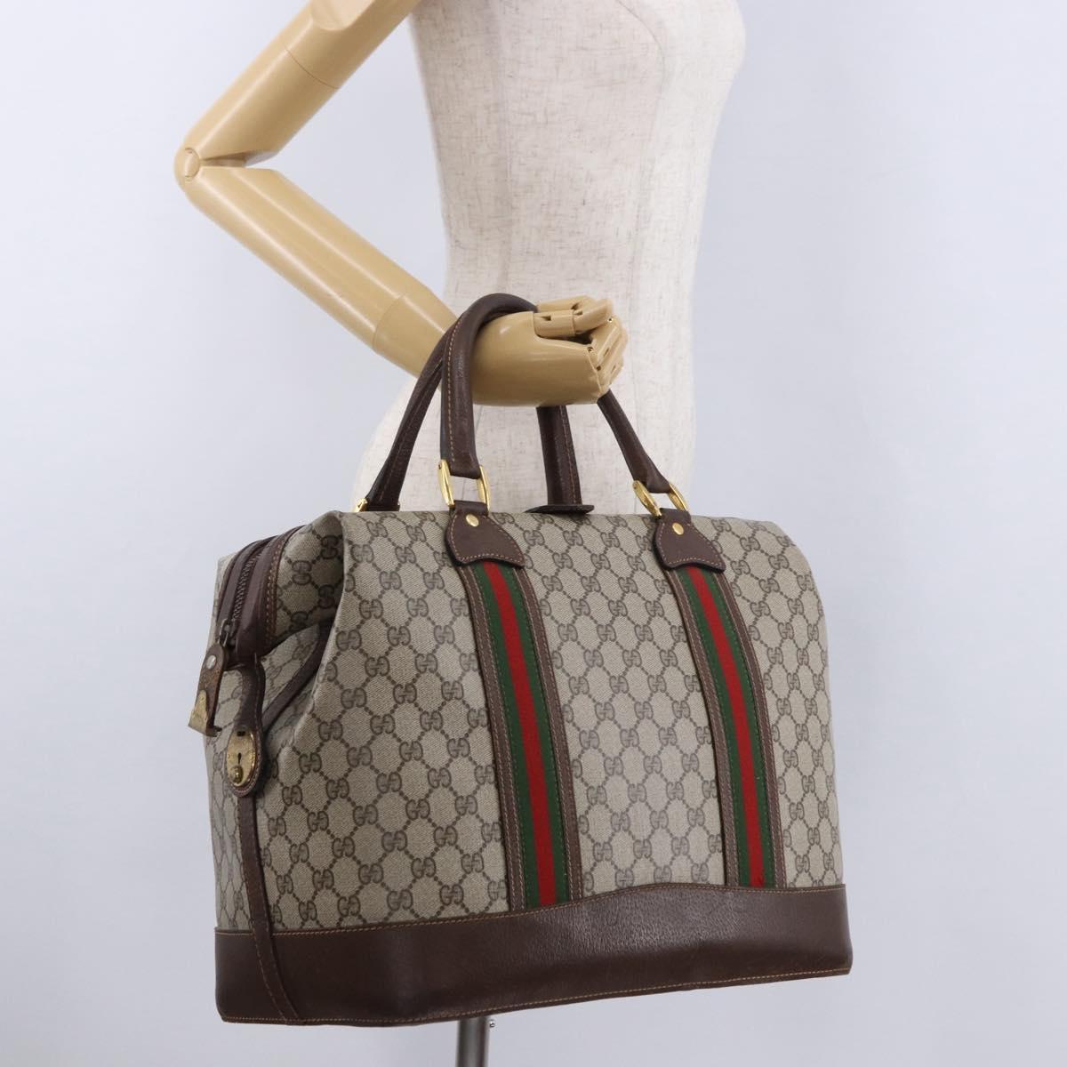 GUCCI GG Supreme Web Sherry Line Boston Bag PVC Beige Gold Auth 193806A