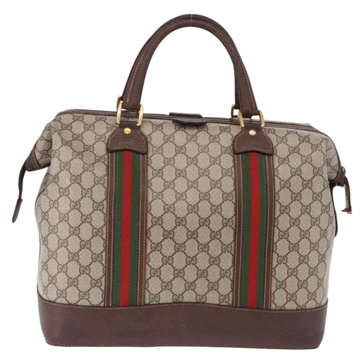 GUCCI GG Supreme Web Sherry Line Boston Bag PVC Beige Gold Auth 193806A