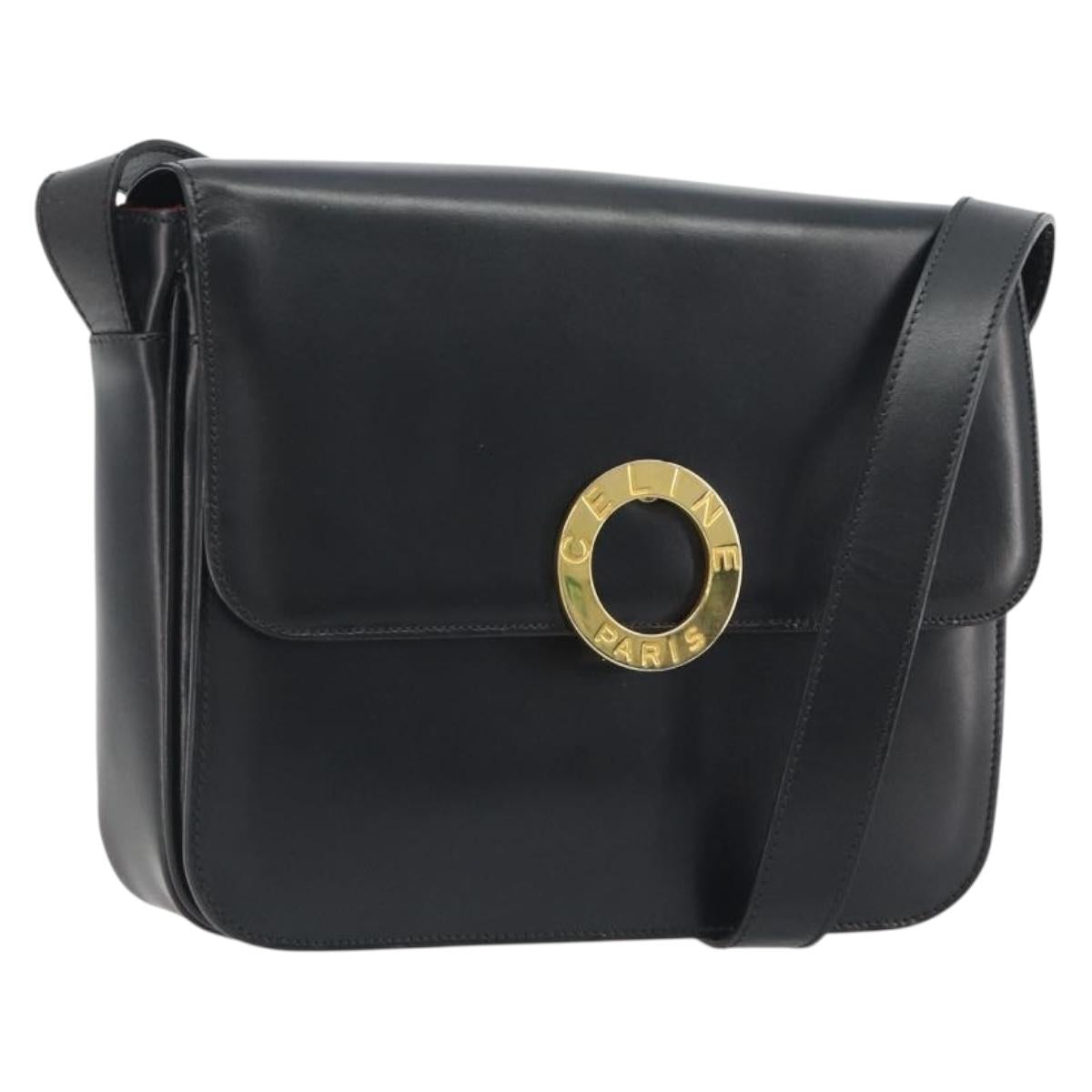 CELINE Circle Shoulder Bag Leather Black Gold Auth 193810V