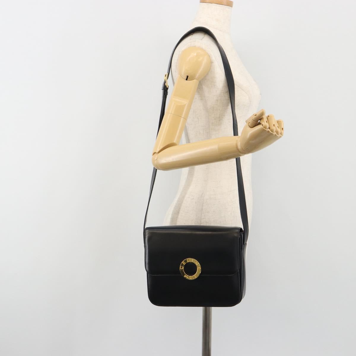 CELINE Circle Shoulder Bag Leather Black Gold Auth 193810V