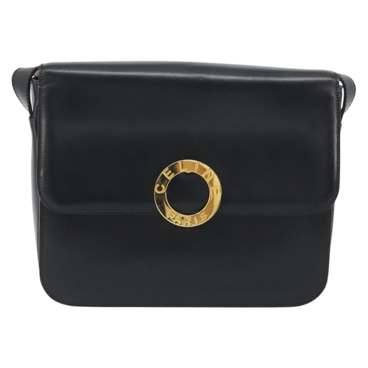 CELINE Circle Shoulder Bag Leather Black Gold Auth 193810V