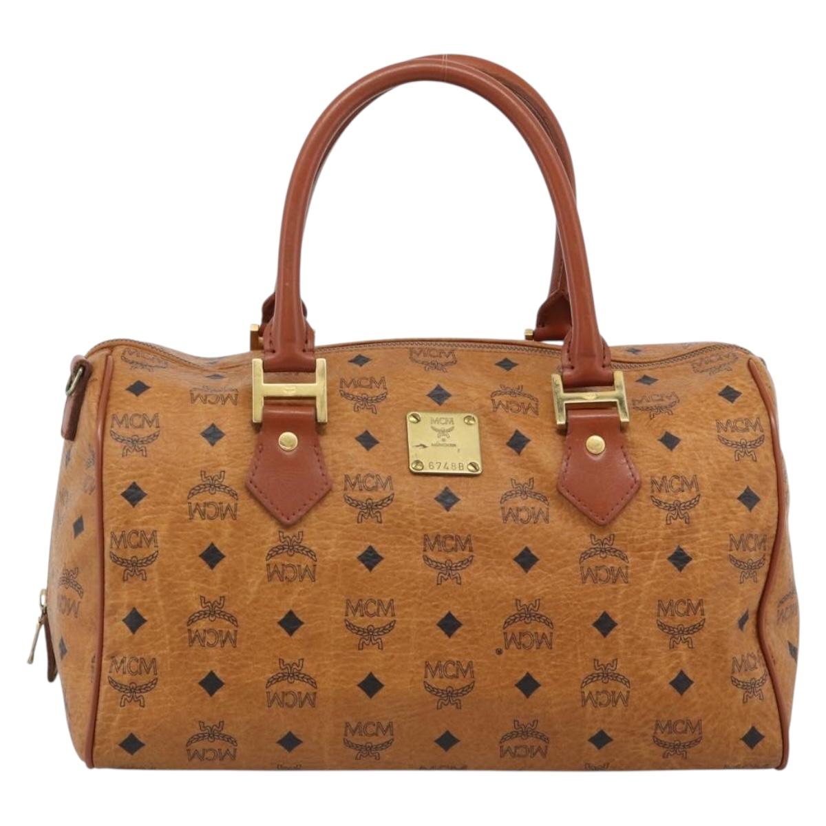 MCM Logogram Vicetos Boston Bag PVC Leather Brown Gold Auth 193811