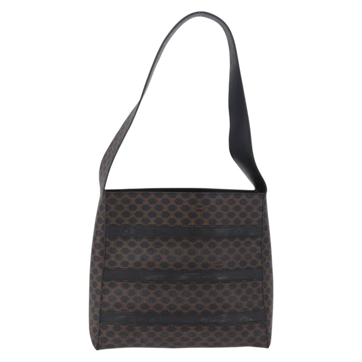 CELINE Macadam Canvas Shoulder Bag PVC Leather Black Gold Auth 193854