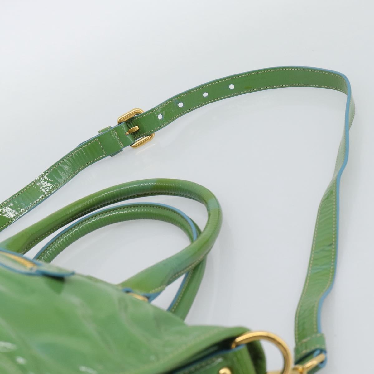 PRADA Hand Bag Patent Leather 2way Green Gold Auth 193855A