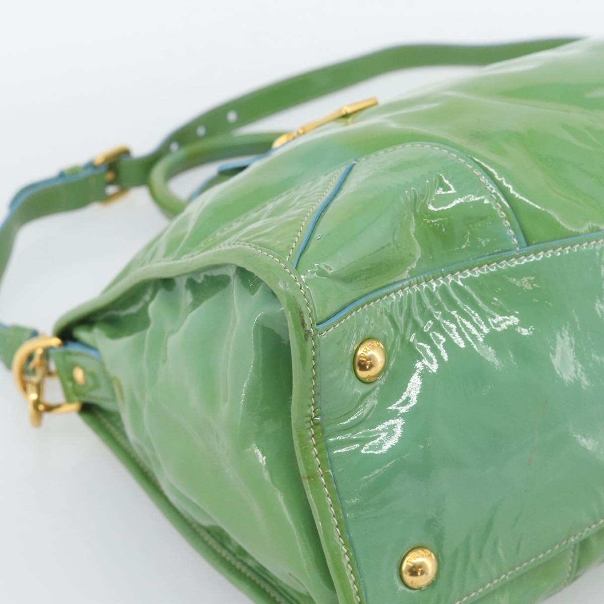 PRADA Hand Bag Patent Leather 2way Green Gold Auth 193855A