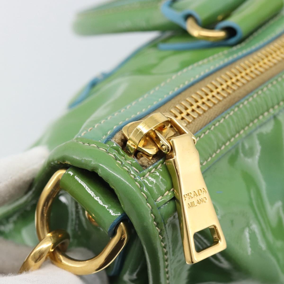 PRADA Hand Bag Patent Leather 2way Green Gold Auth 193855A