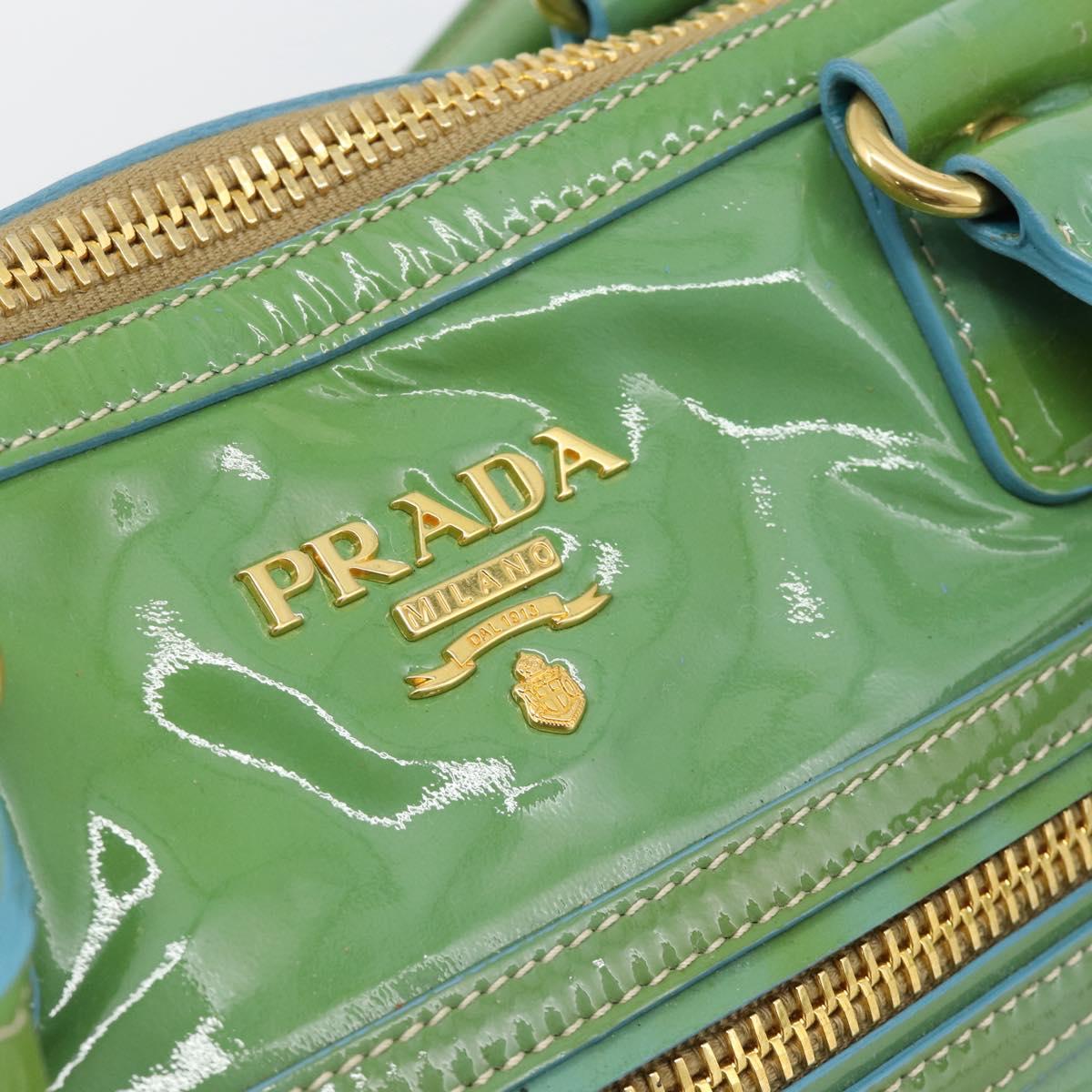 PRADA Hand Bag Patent Leather 2way Green Gold Auth 193855A