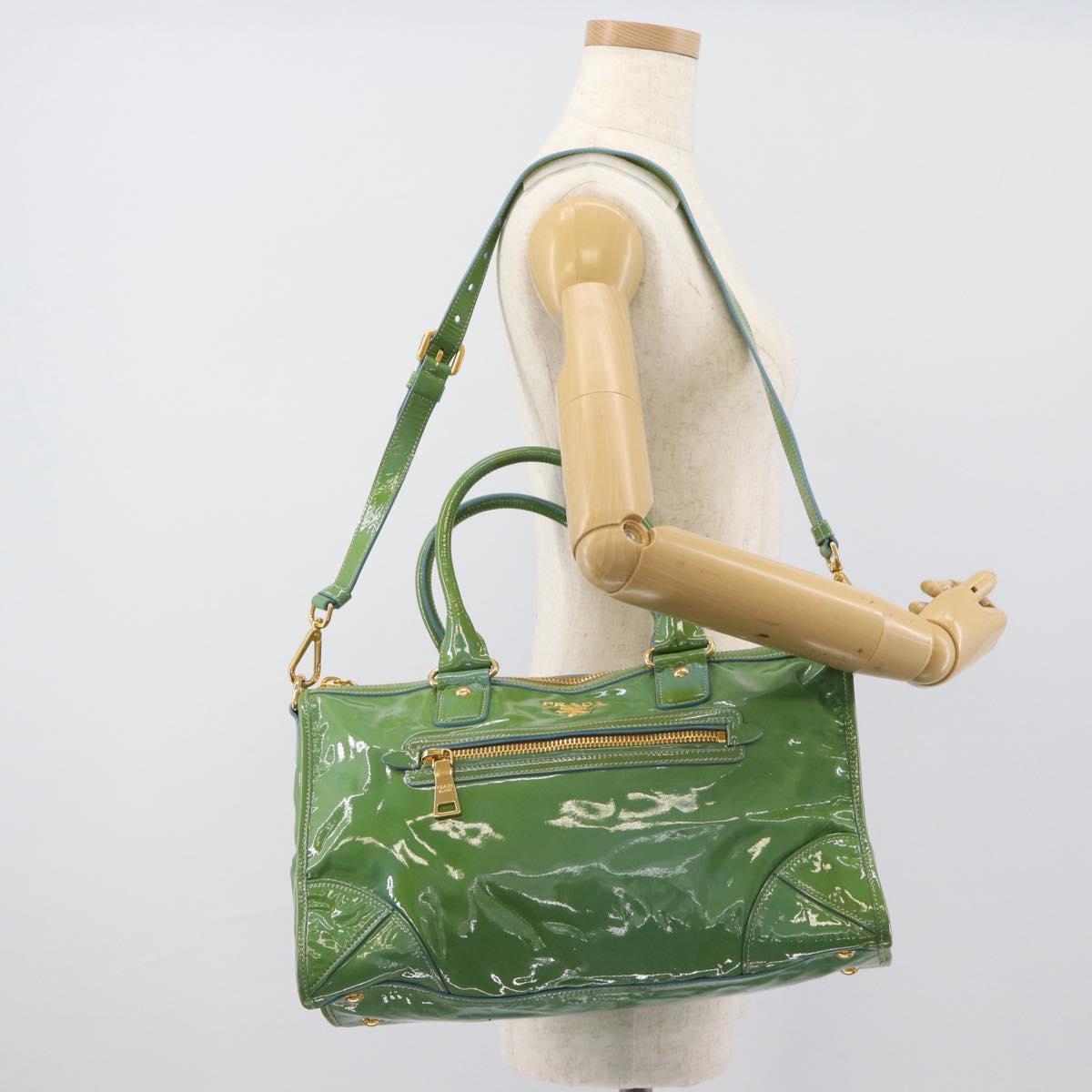 PRADA Hand Bag Patent Leather 2way Green Gold Auth 193855A