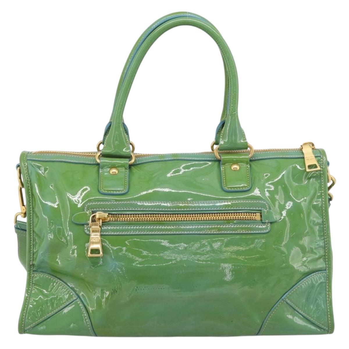 PRADA Hand Bag Patent Leather 2way Green Gold Auth 193855A