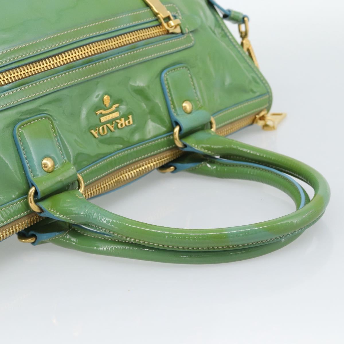 PRADA Hand Bag Patent Leather 2way Green Gold Auth 193855A