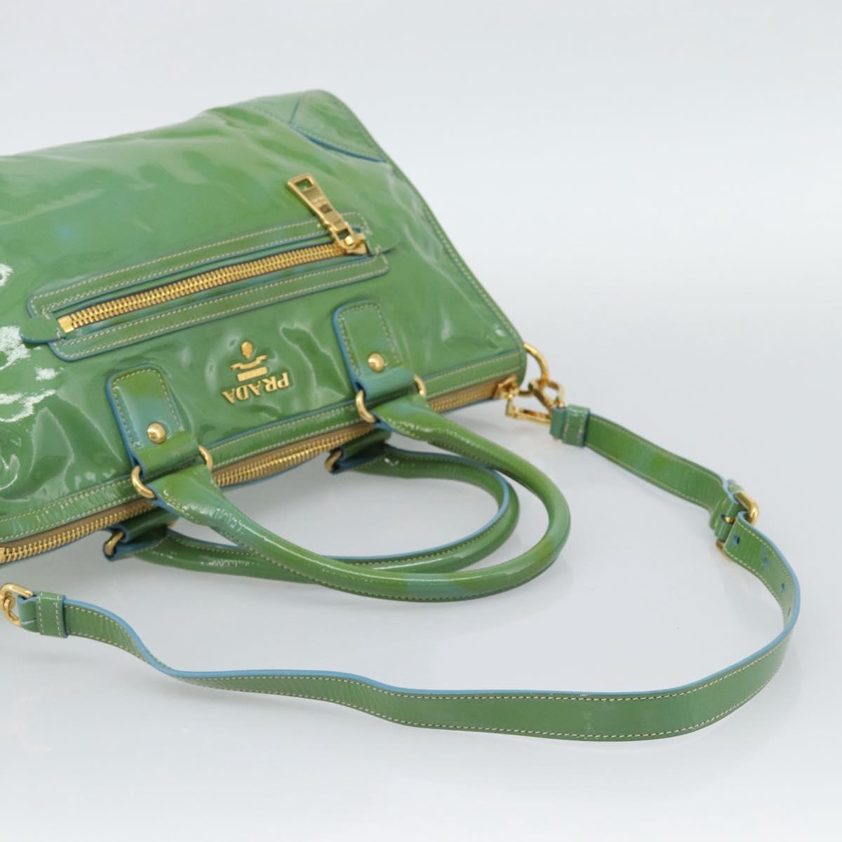 PRADA Hand Bag Patent Leather 2way Green Gold Auth 193855A