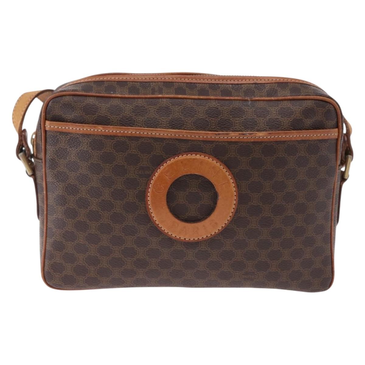 CELINE Macadam Canvas Circle Shoulder Bag PVC Leather Brown Gold Auth 193856
