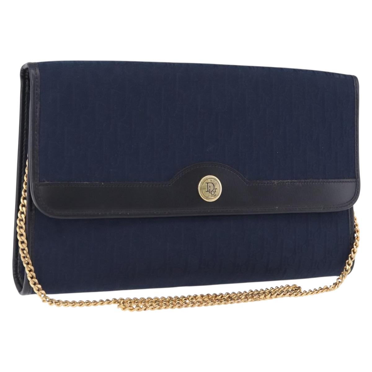 Christian Dior Trotter Canvas Chain Shoulder Bag Navy Gold Auth 193861