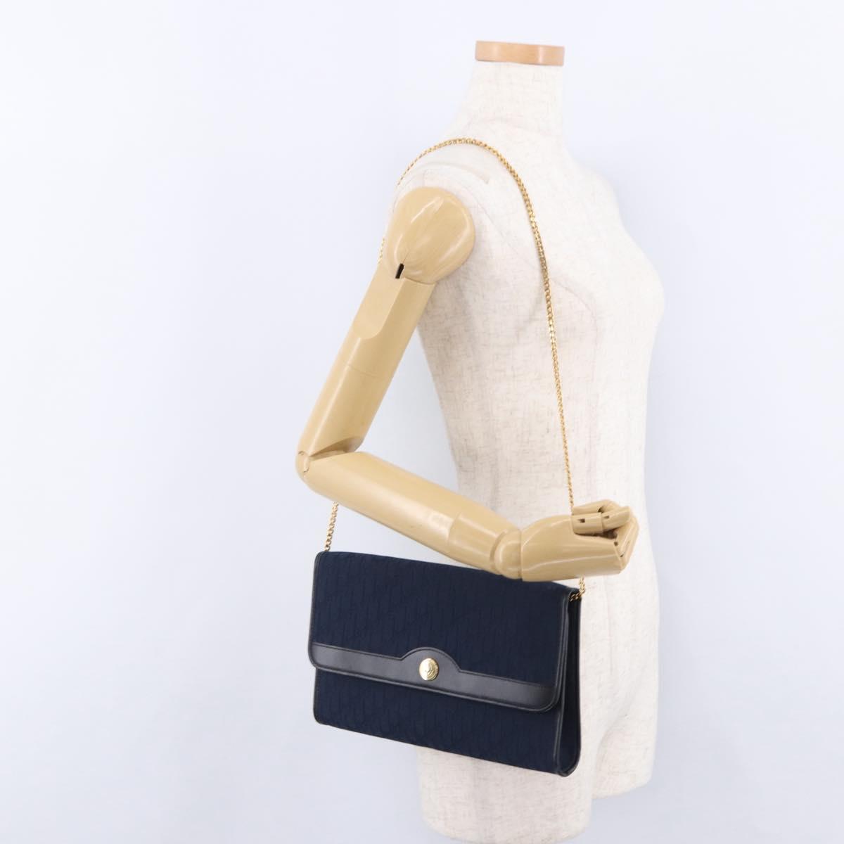 Christian Dior Trotter Canvas Chain Shoulder Bag Navy Gold Auth 193861