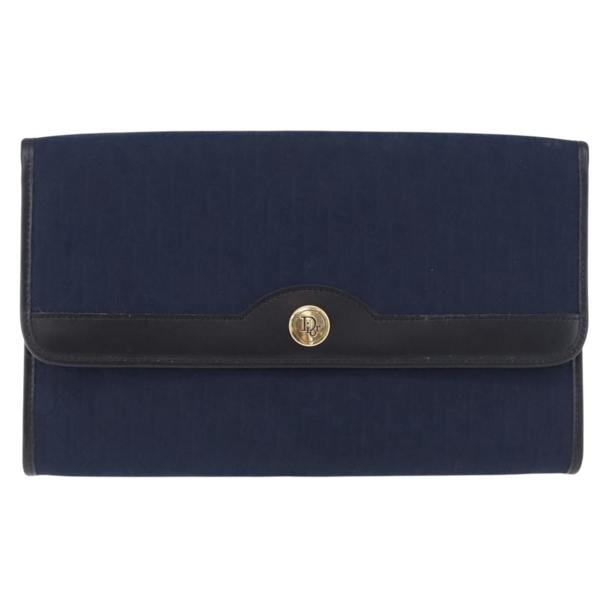Christian Dior Trotter Canvas Chain Shoulder Bag Navy Gold Auth 193861