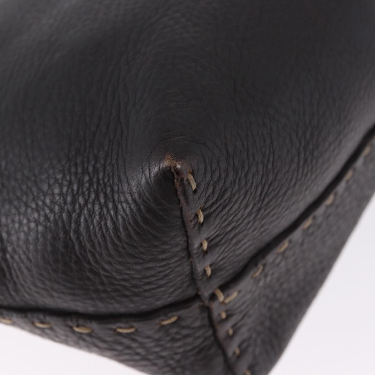 FENDI Celeria Tote Bag Leather Dark Brown Silver Auth 193863