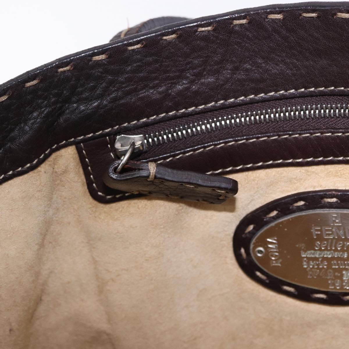 FENDI Celeria Tote Bag Leather Dark Brown Silver Auth 193863