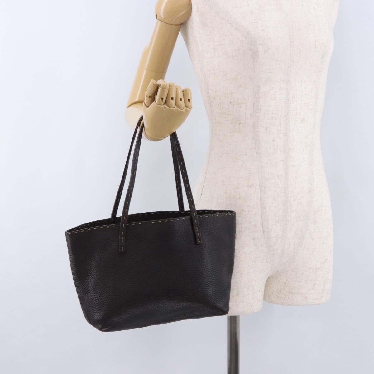FENDI Celeria Tote Bag Leather Dark Brown Silver Auth 193863