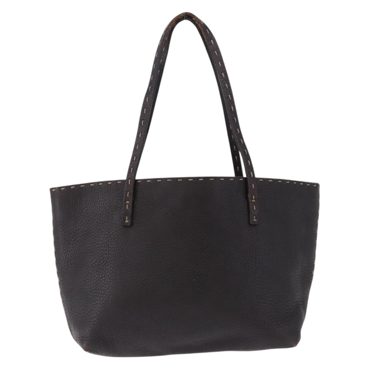 FENDI Celeria Tote Bag Leather Dark Brown Silver Auth 193863