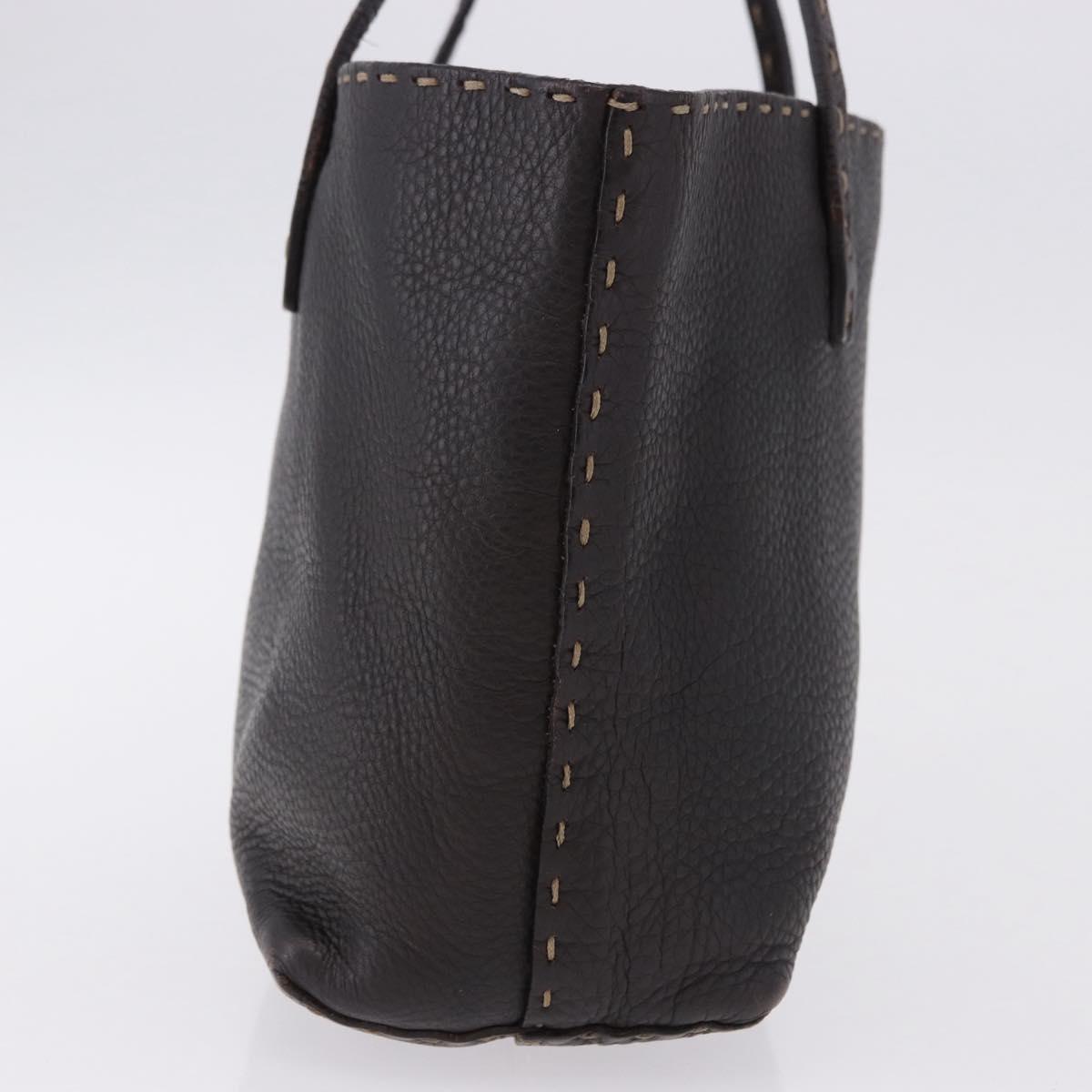 FENDI Celeria Tote Bag Leather Dark Brown Silver Auth 193863