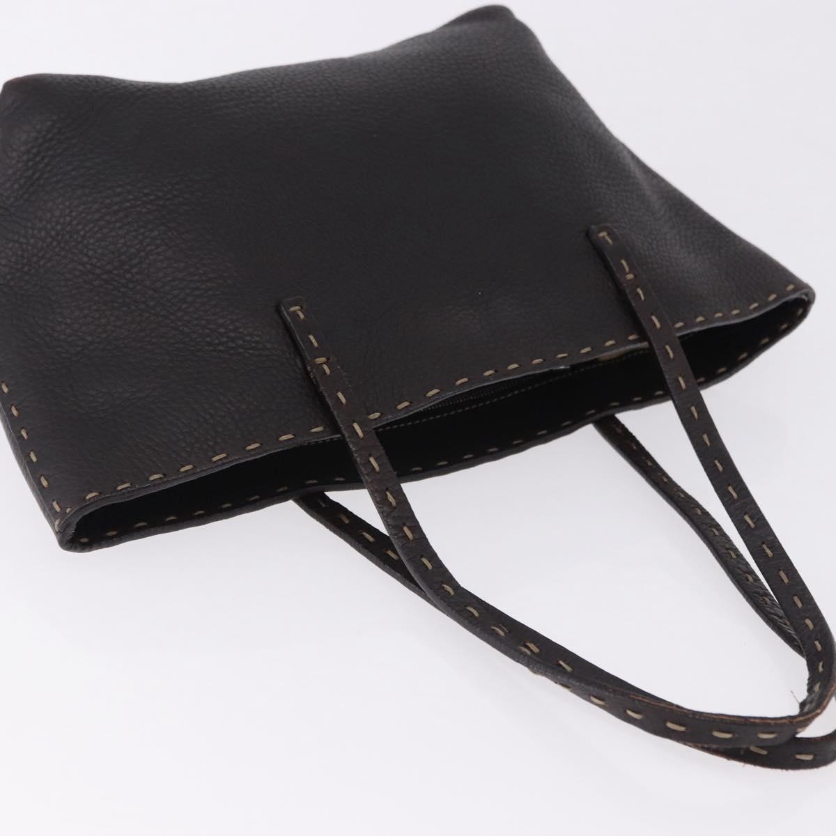 FENDI Celeria Tote Bag Leather Dark Brown Silver Auth 193863