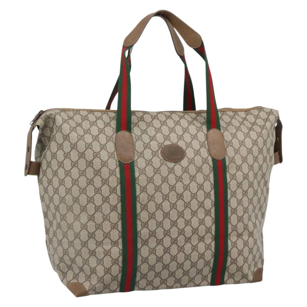 GUCCI GG Supreme Web Sherry Line Boston Bag PVC Beige Gold Auth 193876