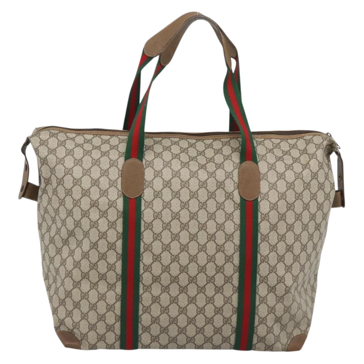 GUCCI GG Supreme Web Sherry Line Boston Bag PVC Beige Gold Auth 193876