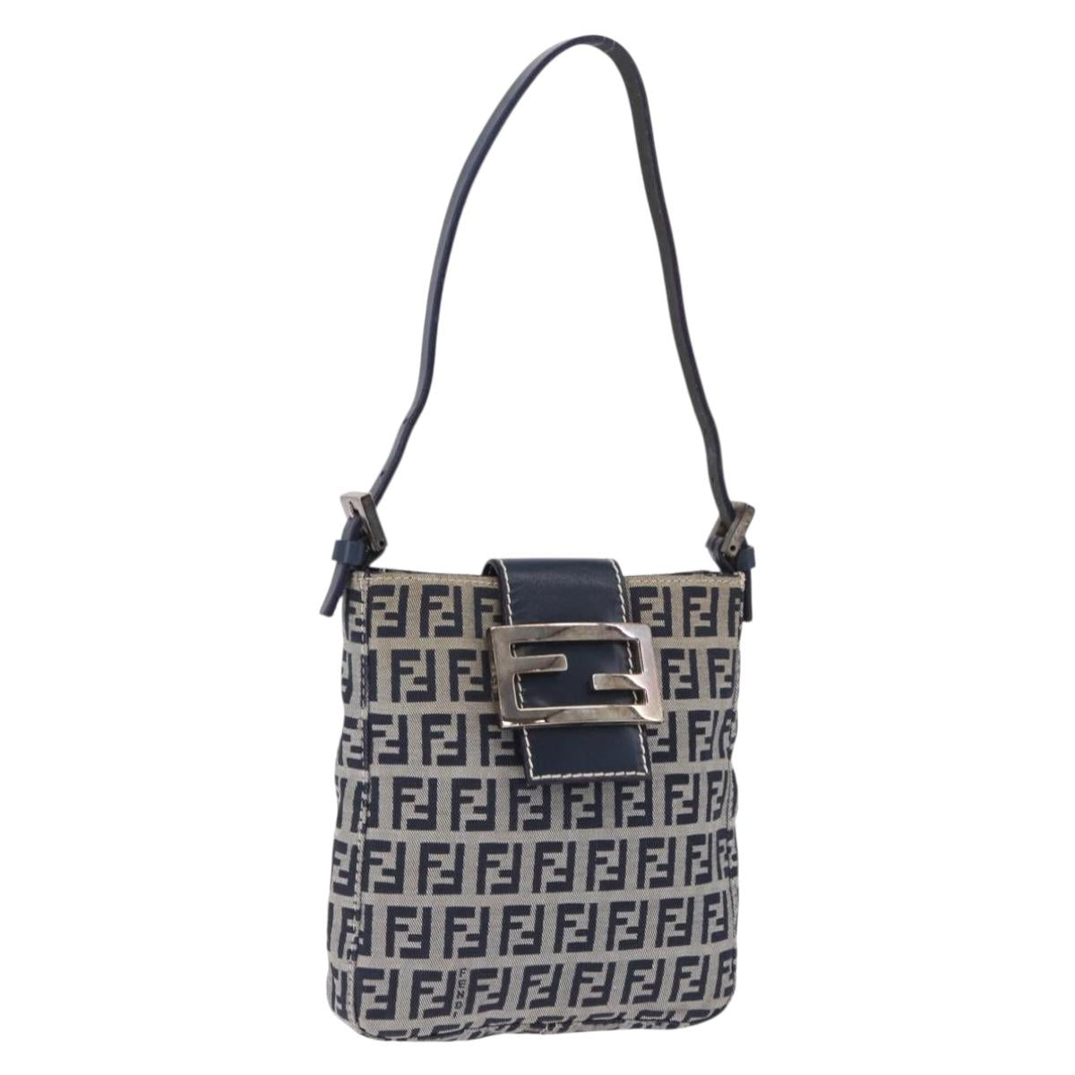 FENDI Zucchino Canvas Hand Pouch Mamma Baguette Navy Silver Auth 193893A