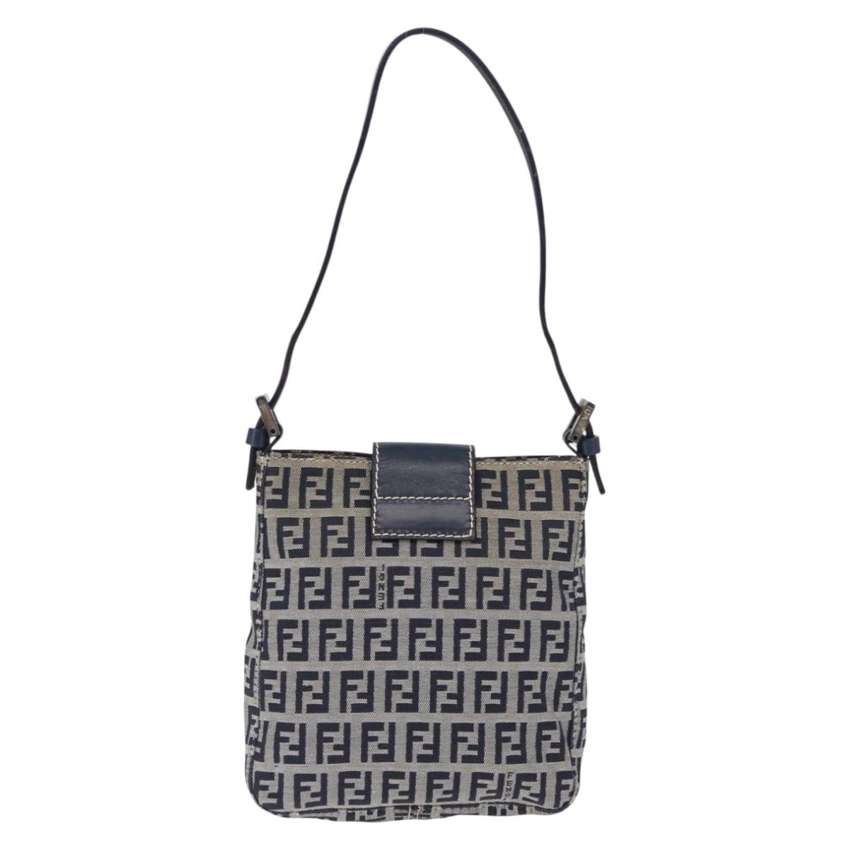 FENDI Zucchino Canvas Hand Pouch Mamma Baguette Navy Silver Auth 193893A