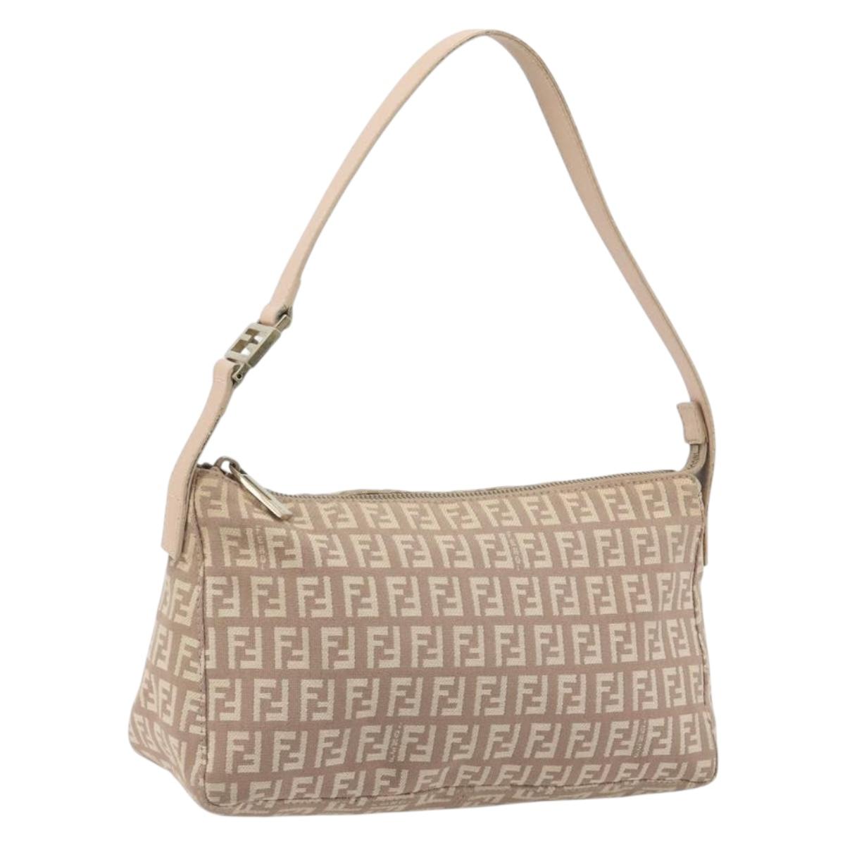 FENDI Zucchino Canvas Shoulder Bag Beige Gold Auth 193907A