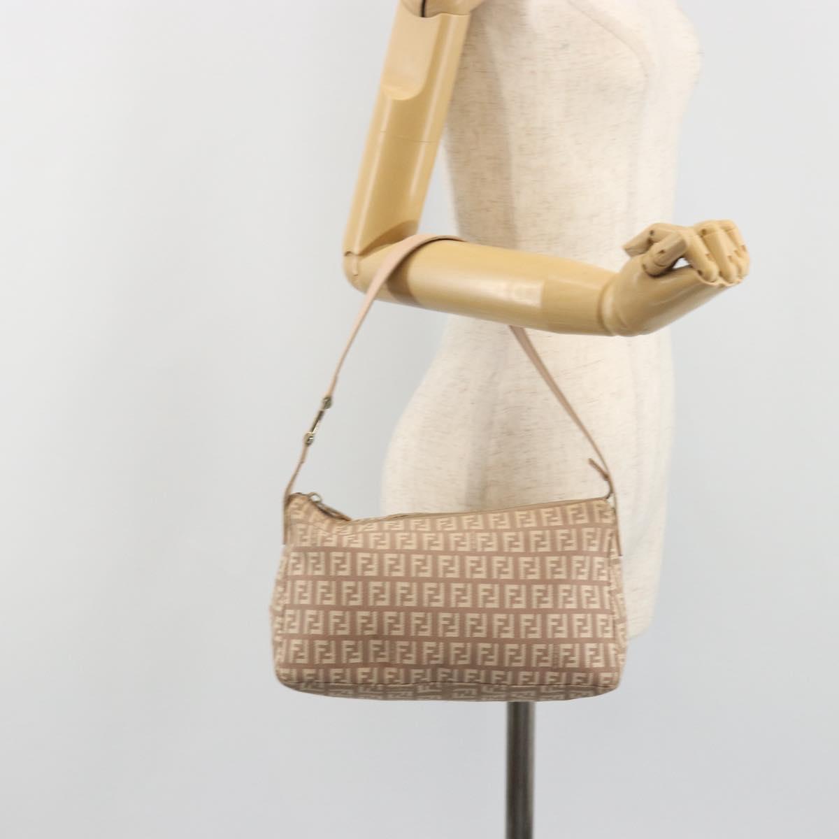 FENDI Zucchino Canvas Shoulder Bag Beige Gold Auth 193907A