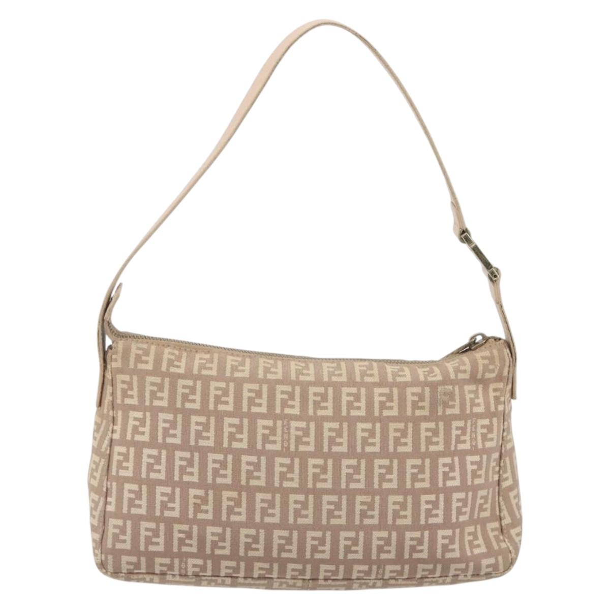 FENDI Zucchino Canvas Shoulder Bag Beige Gold Auth 193907A