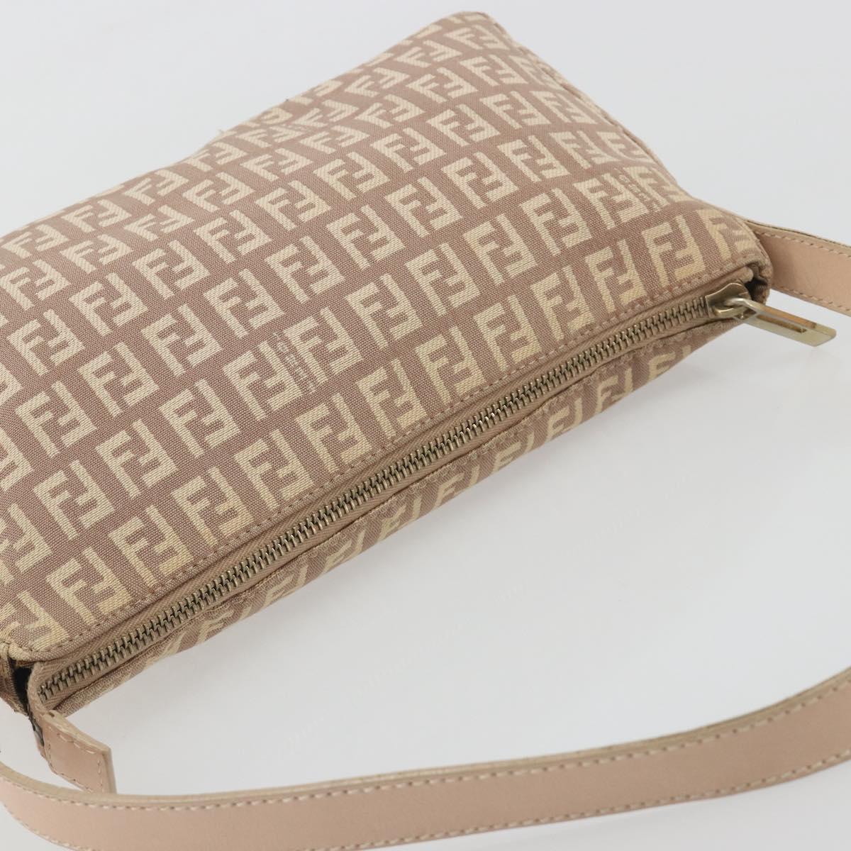 FENDI Zucchino Canvas Shoulder Bag Beige Gold Auth 193907A