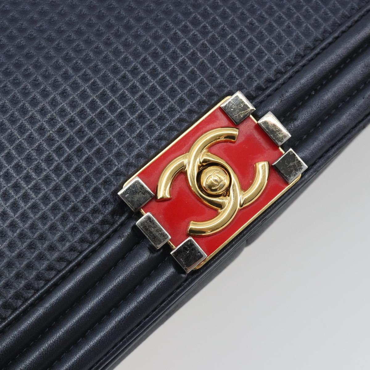 CHANEL Boy Chanel Chain Shoulder Bag Leather Navy Gold CC Auth 193912A