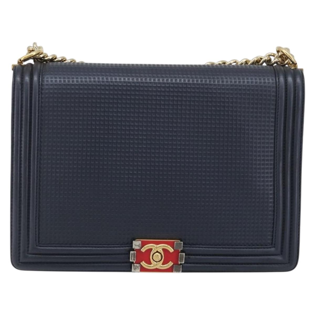 CHANEL Boy Chanel Chain Shoulder Bag Leather Navy Gold CC Auth 193912A