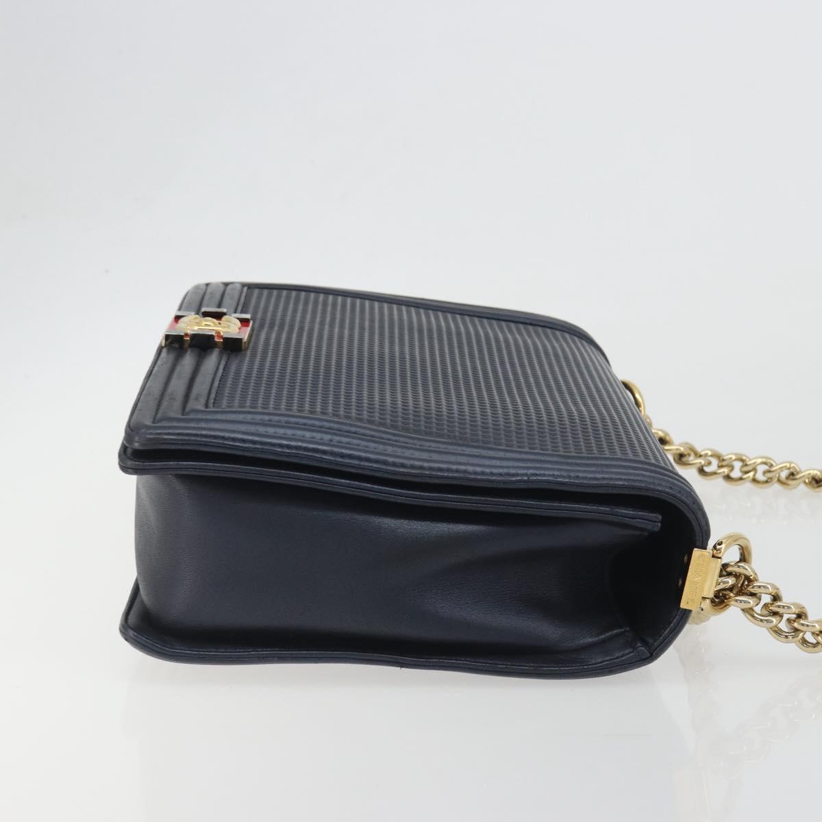 CHANEL Boy Chanel Chain Shoulder Bag Leather Navy Gold CC Auth 193912A